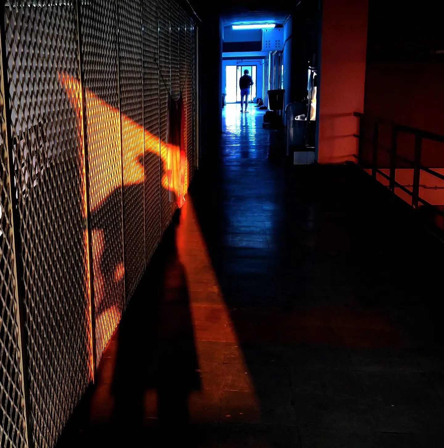 My shadow cast in orange light across a mesh wall in a dark corridor, 2023