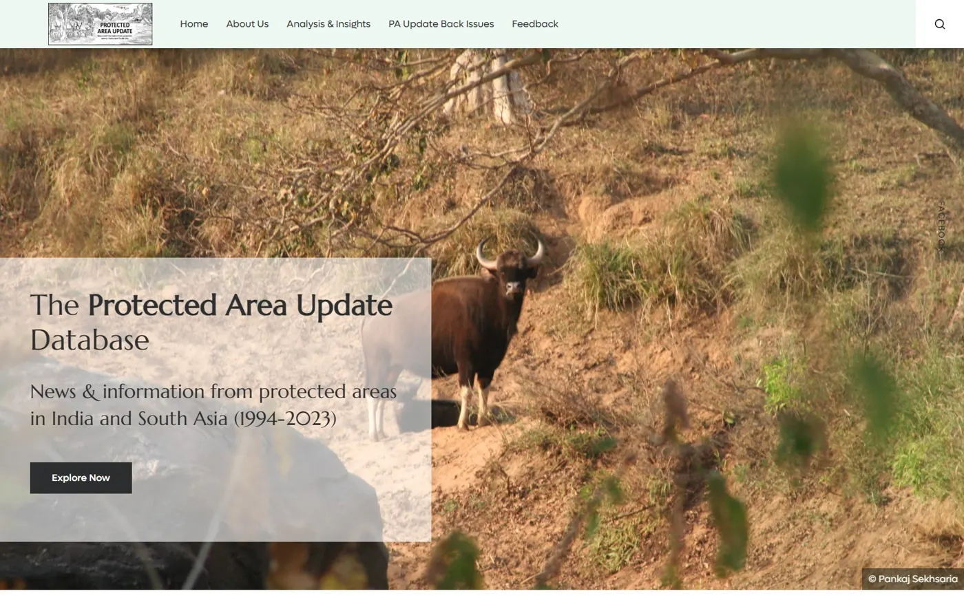 Home page of The Protected Area Update Database, news and information from protected areas in India and South Asia, 1994 to 2023, over a photograph of a gaur in dry forest