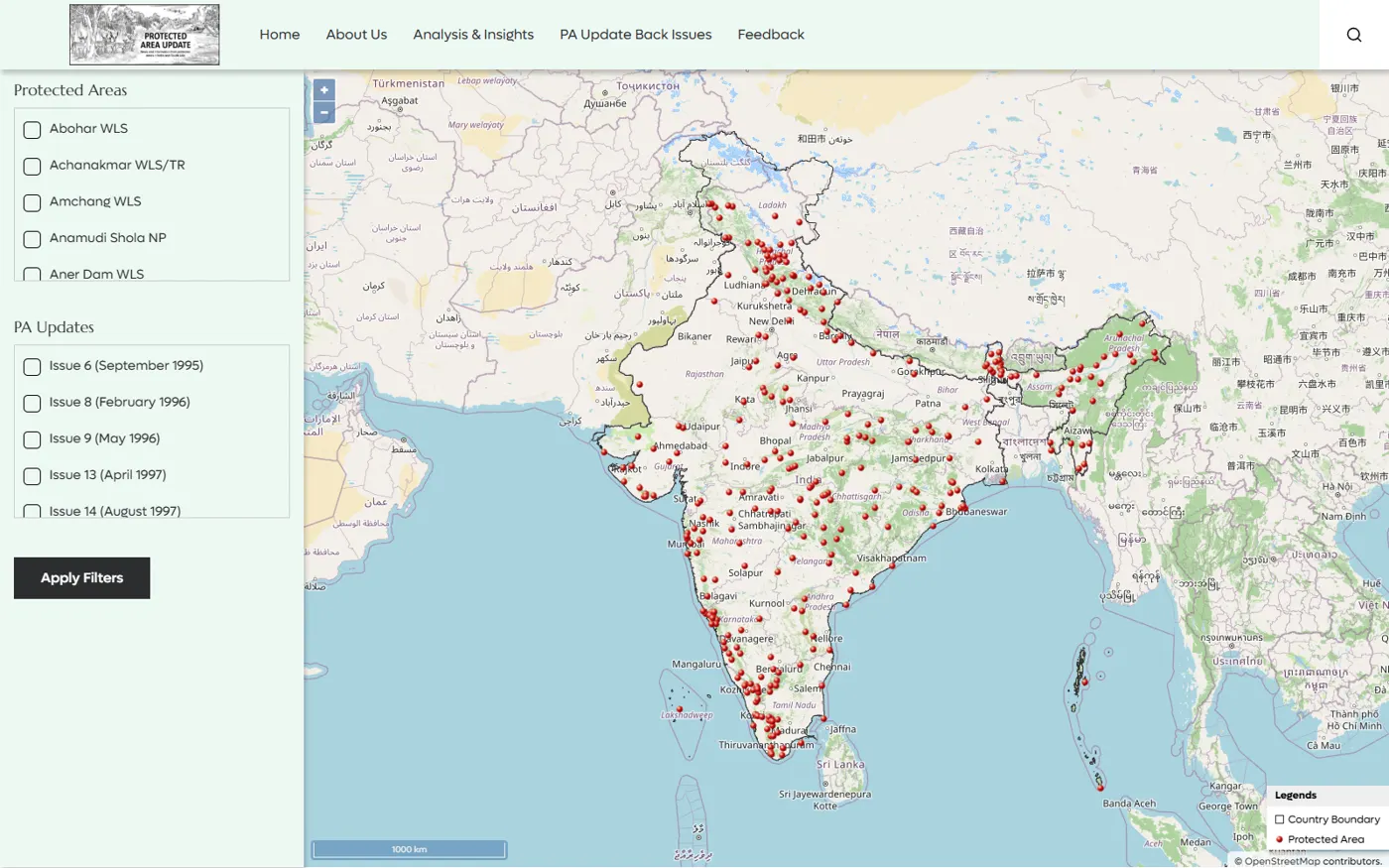Map of India with conservation news stories clustered where they happened