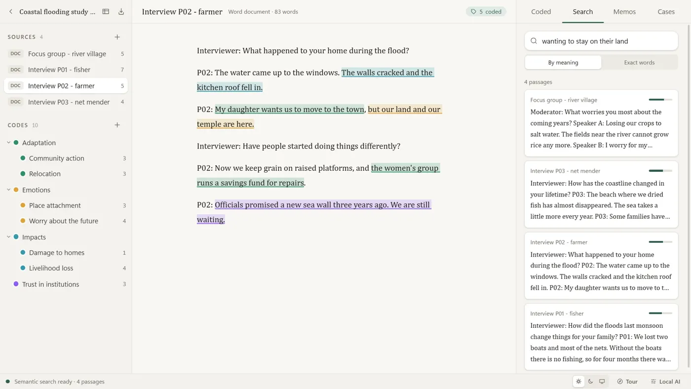 Sift QDA in the light theme: an interview with passages highlighted in theme colours, and a search by meaning listing related passages from four sources