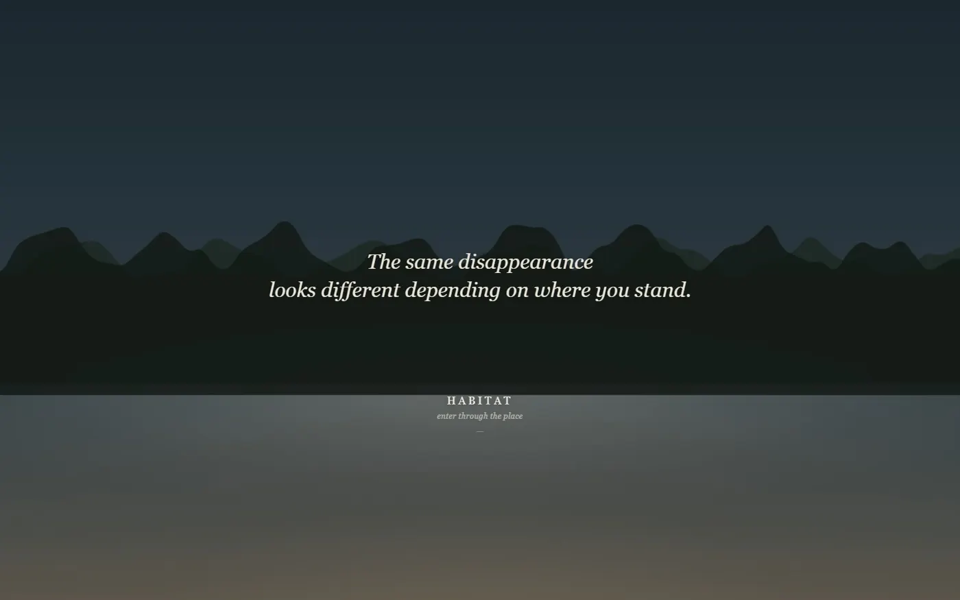 Species on Screen, Sundarbans page: a dusk landscape with the line 'The same disappearance looks different depending on where you stand'